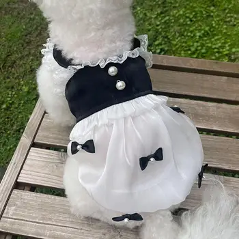 1 комплект, Летнее платье для домашних животных, мягкая дышащая кружевная отделка, сетчатый бант в стиле пэчворк, юбка для щенков с искусственным жемчугом для маленьких собак