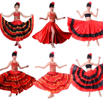 100-150 см Детская юбка для испанской цыганки для фламенко, испанский костюм для живота, испанское танцевальное платье для девочек, платья для выступлений на сцене хора