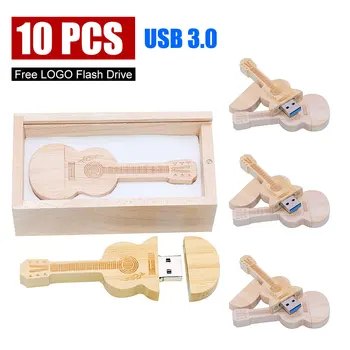 10шт Деревянная Гитара USB флэш-накопители 128 ГБ Бесплатный флеш-накопитель с пользовательским логотипом 64 ГБ Деревянная Коробка Memory Stick Музыкальный Креативный Свадебный подарок