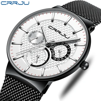 2019 CRRJU Мужские деловые наручные часы с подвесками для мужчин с датой недели на сетчатом ремешке из нержавеющей стали orologio uomo