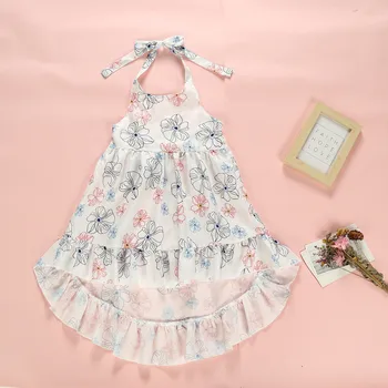 2021 г., милое платье для маленьких девочек от 2 до 7 лет с цветочным принтом, без рукавов, повязка на бретельках, плиссированное платье с открытой спиной, праздничный сарафан