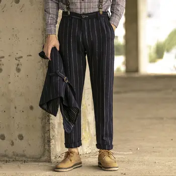 2022 Осень-зима, мужские шерстяные брюки в полоску в стиле ретро, Мужские деловые повседневные Прямые брюки, Мужские офисные костюмные брюки с карманами A440