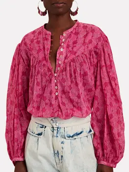 2023, Весенняя женская рубашка с цветочным принтом, Винтажные однобортные женские блузки с длинным рукавом-фонариком и круглым вырезом