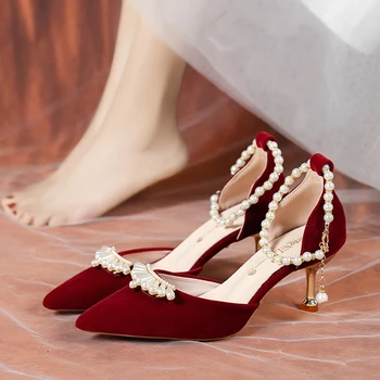 2023 Жемчужная корона, Обувь для невесты, Женские туфли-лодочки на тонком каблуке с ремешком на щиколотке, женские свадебные туфли на высоком каблуке с острым носком из флока