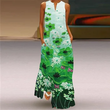 2023 Женское длинное платье с V-образным вырезом и 3D-принтом Цветов и животных, элегантное пляжное платье свободного кроя