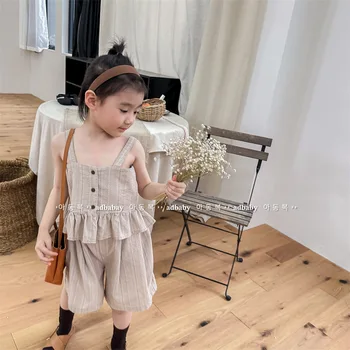 2023 Корейская детская одежда Летний Корейский комплект из двух предметов для девочек, подтяжки с коротким рукавом, рубашка и шорты