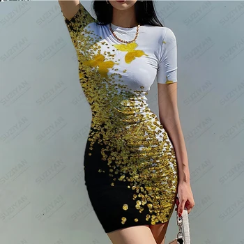 2023 Летнее новое модное женское платье с 3D принтом в стиле бабочки, сексуальное женское платье в гавайском стиле, обтягивающее шею с коротким рукавом