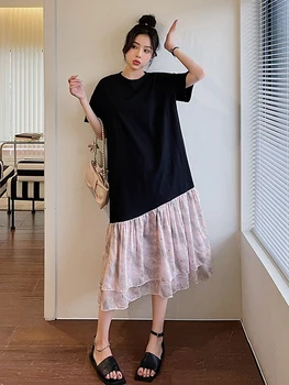2023 Летняя мода Корейское женское платье Robe Ete Femme Свободные повседневные платья большого размера в стиле пэчворк из двойной пряжи Неправильной длины Для женщин
