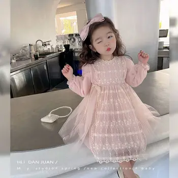 2023 Модное платье принцессы из кружевной сетки для маленьких девочек на День рождения, весенне-осенняя Детская праздничная одежда