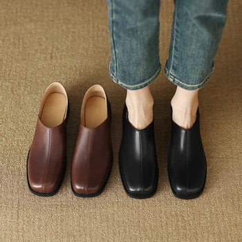 2023 новые весенние женские туфли-лодочки из натуральной кожи длиной 22-24,5 см из воловьей кожи + свиной кожи с квадратным носком, тонкие туфли в стиле ретро на низком каблуке