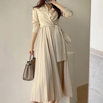 2023 Платье с V-образным вырезом, женские элегантные длинные платья с перекрестной шнуровкой, Женская Корейская уличная одежда, деловое Винтажное платье, женская одежда