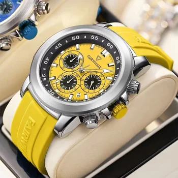 2023 Роскошные Наручные Часы Мужская Мода Известного Бренда Mark Fairwhale Желтый Силиконовый Ремешок Водонепроницаемый Хронограф Кварцевые Часы Мужские