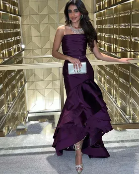 2023 Фиолетовое Атласное Вечернее Платье Роскошное Арабское Дубайское Вечернее Платье Без Рукавов С Рюшами и Открытой спиной Robe de soirée femme