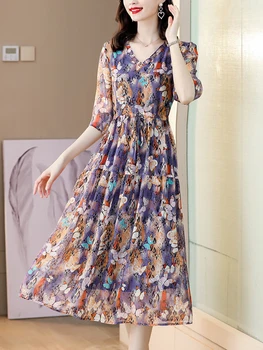 2023 Фиолетовое цветочное шелковое сексуальное платье Миди с V-образным вырезом и оборками, Летнее модное Легкое Повседневное пляжное платье, Женское Корейское Элегантное облегающее платье