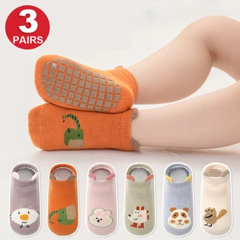 3 пары нескользящих носков для новорожденных мальчиков и девочек, комплект хлопчатобумажных носков-лодочек с милым рисунком из мультфильма, весна-лето