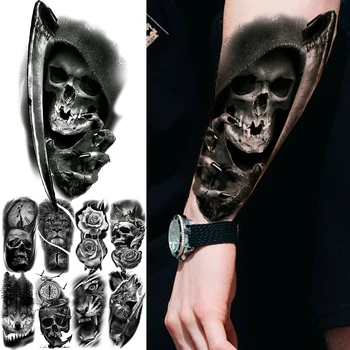 3D Реалистичный Череп, временные татуировки на Хэллоуин для мужчин, взрослых, Компас, Тигр, Лев, Волк, Цветок, поддельная татуировка, Водонепроницаемая татуировка на предплечье