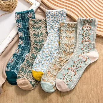 5 ШТ. Классические женские носки с цветами, средние носки в трубочку, модные милые носки, осенне-зимние носки для женщин, носки для пригородного движения