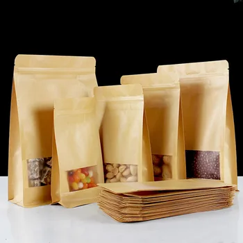 50ШТ 3D Вставные пакеты из Крафт-бумаги с видимым окном, Закрывающиеся Пакеты для упаковки закусок, кофе, хлопьев, чая, сахара, шоколада, подарков
