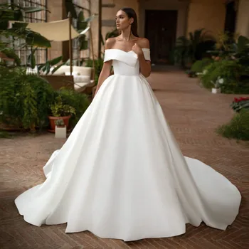 Abito Da Sposa Бальное платье с вырезом лодочкой, свадебное платье с открытыми плечами, простое праздничное платье, атласный халат на молнии сзади, Свадебное платье для свадьбы