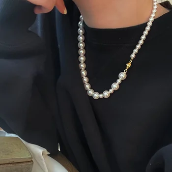 ALLNEWME Новые модные ожерелья с имитацией жемчуга белого серого цвета, украшенные бисером, ожерелье с золотым магнитным шариком для женщин, ювелирные изделия для женщин