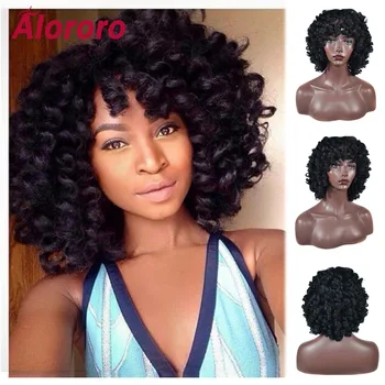 Alororo Афро Черные кудрявые парики с короткими волосами 12 ‘Модные афроамериканские синтетические волосы, пышный парик с завитками в виде палочки для наращивания волос