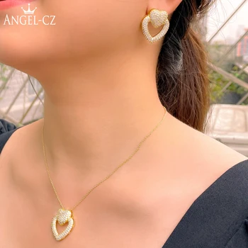 ANGELCZ Romantic Full Micro Pave, Крошечное ожерелье с двойным сердечком из циркония AAA, серьги, Золотой Модный девчачий ювелирный набор AJ224