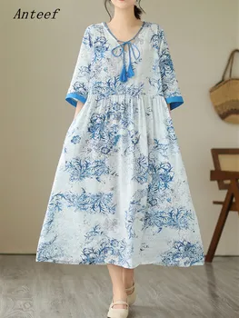 Anteef хлопок с коротким рукавом, винтажные цветочные новинки в платьях для женщин, повседневное свободное длинное летнее платье, элегантная одежда 2023 года