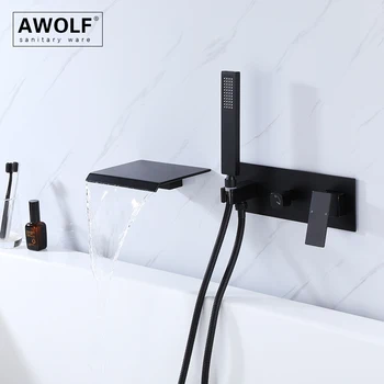 Awolf Черный Настенный смеситель для ванны в ванной комнате из цельной латуни, душевая кабина из матового золота с матовым никелем, встроенный смеситель AH3054