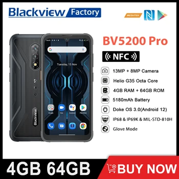 Blackview BV5200 Pro 4 ГБ 64 ГБ 13-мегапиксельная камера ArcSoft Смартфон с восьмиядерным процессором Android 12, прочный мобильный телефон с NFC емкостью 5180 мАч, мобильный телефон