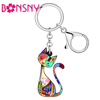 Bonsny Акриловые цветочные брелки с милым котом, кольцо для ключей, элегантные брелки с домашними животными, модные украшения для женщин, подарок для девочек, Автомобильный шарм