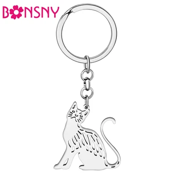 Bonsny Брелки для ключей с милым сидящим котом из нержавеющей стали с серебряным покрытием, брелки для ключей с милыми домашними животными, брелоки для женских сумок, подвески, подарки
