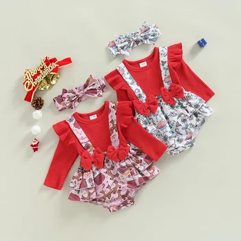 FOCUSNORM Рождественские Милые комбинезоны для маленьких девочек из 2 предметов с длинными рукавами и мультяшным принтом, лоскутные комбинезоны с повязкой на голову