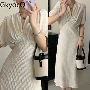 GkyocQ Летнее плиссированное платье с V-образным вырезом, Белое, с коротким рукавом, с высокой талией, облегающие Длинные платья, Элегантные Женские наряды для официальных мероприятий