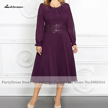 Lakshmigown Платье для матери невесты большого размера для свадьбы 2023, фиолетовые элегантные женские вечерние платья с длинным рукавом чайной длины