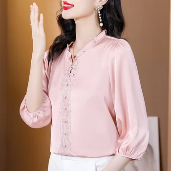 M-3XL 2023, весенне-летние топы для женщин, атласная рубашка с рукавом 3/4 и рюшами на воротнике, кружевная офисная женская блузка в стиле пэчворк