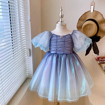 Menoea Летнее голубое платье для девочек Модные плиссированные платья принцессы с рукавами-пузырями Детская одежда для девочек Платье с пайетками на День рождения