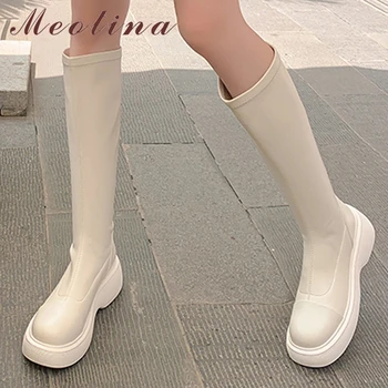 Meotina/ Женские сапоги до колена из натуральной кожи с круглым носком на платформе и плоской молнии, женские модные длинные ботинки, осенне-зимняя обувь бежевого цвета