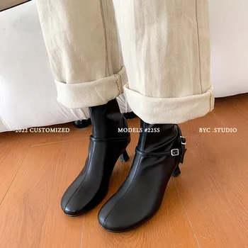 MKKHOU/ Модные короткие женские ботинки, новая высококачественная кожаная пряжка для ремня с круглым носком, универсальные кожаные ботинки для ежедневных поездок на работу