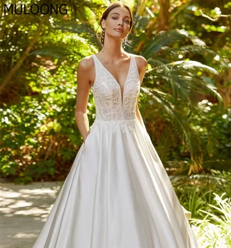 MULOONG Белое Элегантное Свадебное платье без рукавов с V образным вырезом и кружевными аппликациями, расшитое блестками, с открытой спиной, длиной до пола, со шлейфом, новинка 2023 года