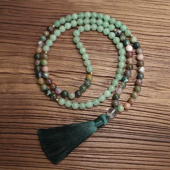 NS0235 Цепочка из натурального камня 108 бусин Мала Ожерелье 8 мм индийский оникс Зеленый авантюрин Йога Медитация ожерелье с длинной кисточкой