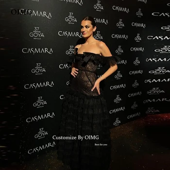 OIMG Черные кружевные вечерние платья Дубай, Арабские женские платья знаменитостей с открытыми плечами, Многоуровневые модные вечерние платья для выпускного вечера 2023 года