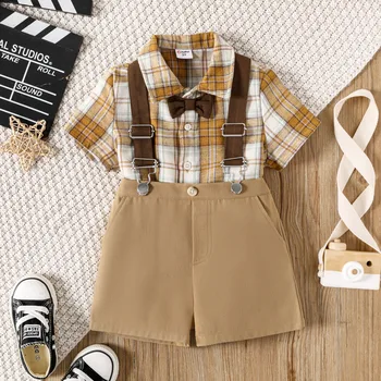 PatPat, комплект из 2 предметов для маленьких мальчиков, клетчатая рубашка с коротким рукавом, галстук-бабочка и шорты на подтяжках