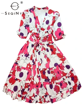 SEQINYY Повседневное Мини-платье На Лето и весну, Новый Модный дизайн, Женское платье для подиума, Короткий рукав, Винтажный Розовый Цветочный принт, Трапециевидные оборки