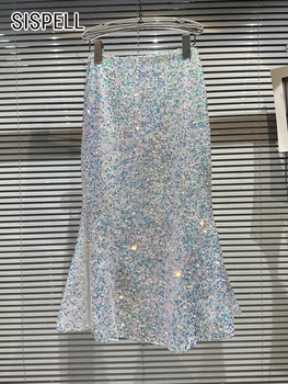 SISPELL Миди Облегающие юбки-русалки для женщин с высокой талией в стиле пэчворк, пайетки, Трапециевидная юбка трапециевидной формы, женский 2023 Новый стиль