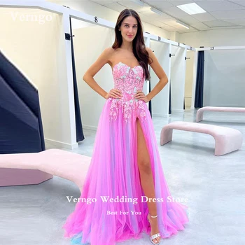 Verngo / Новинка 2023 года, длинные платья для выпускного вечера из розового тюля с кружевной аппликацией в виде сердца, вечерние платья с разрезом, вечернее платье Vestidos de fiesta