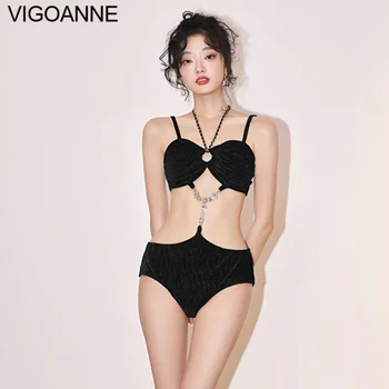 VigoAnne, женские купальники с черными ремешками, 2023, сексуальный цельный купальник с эффектом пуш-ап, Корейский тонкий монокини, купальный костюм с открытой спиной,