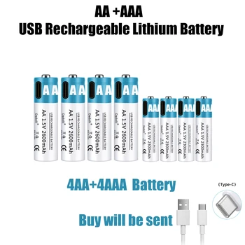 Аккумулятор AA + AAA 1,5 В литий-ионный аккумулятор 2600 мАч, литий-ионный аккумулятор AA 1,5 В, литий-ионный аккумулятор с быстрой зарядкой через USB