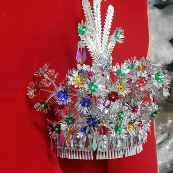 Алюминиевые листовые китайские винтажные шляпы Мяо для женщин, певицы, танцовщицы, Шляпа для выступлений, принцессы, королевы, Косплей, Головной убор, Фотография