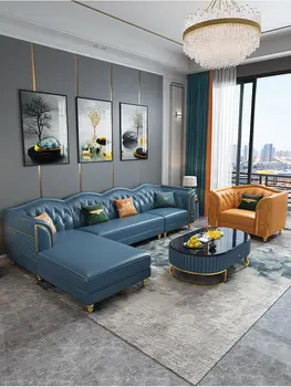 Американский легкий роскошный кожаный диван, угловая гостиная, небольшая квартира, современная минималистская модель комнаты, комплект мебели для всего дома com