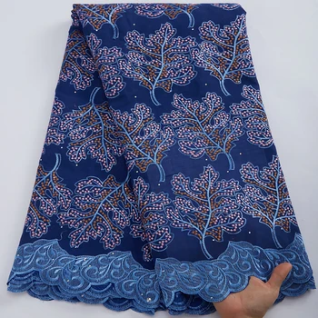 Африканская швейцарская кружевная ткань Высококачественное швейцарское вуалевое кружево из Швейцарии, Нигерийское хлопчатобумажное кружево, синяя кружевная ткань для платья Y2952